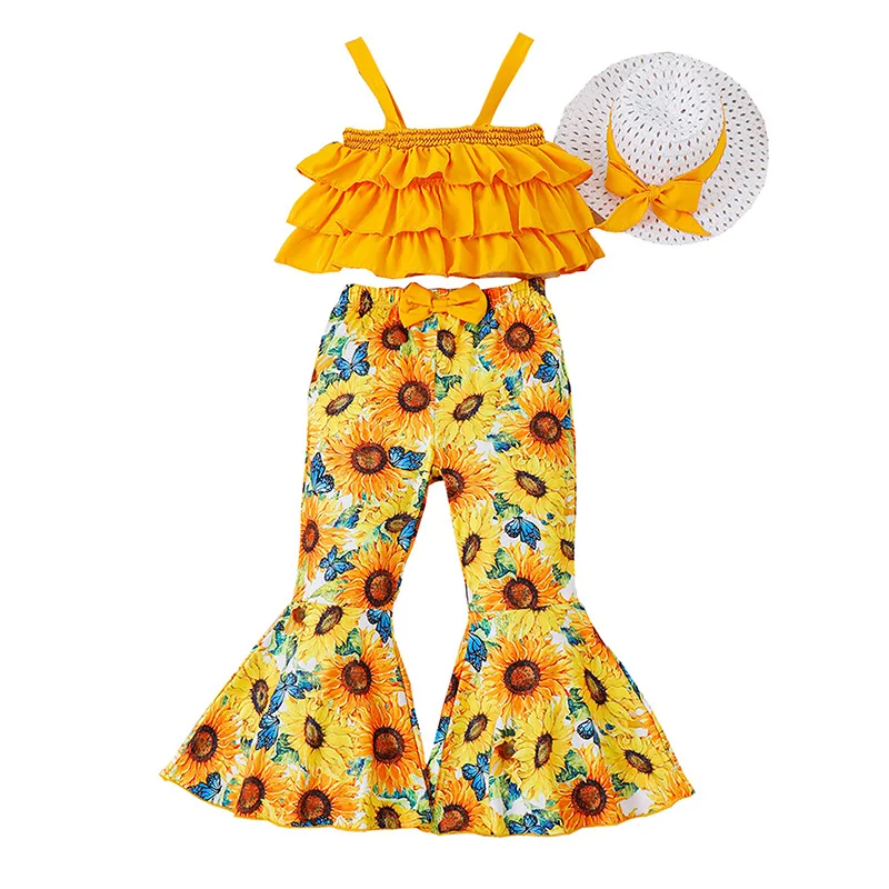 

Kid Girls Pants Set, Sleeveless Ruffled Camisole with Sunflower Print Flare Pants and Hat Summer Outfit