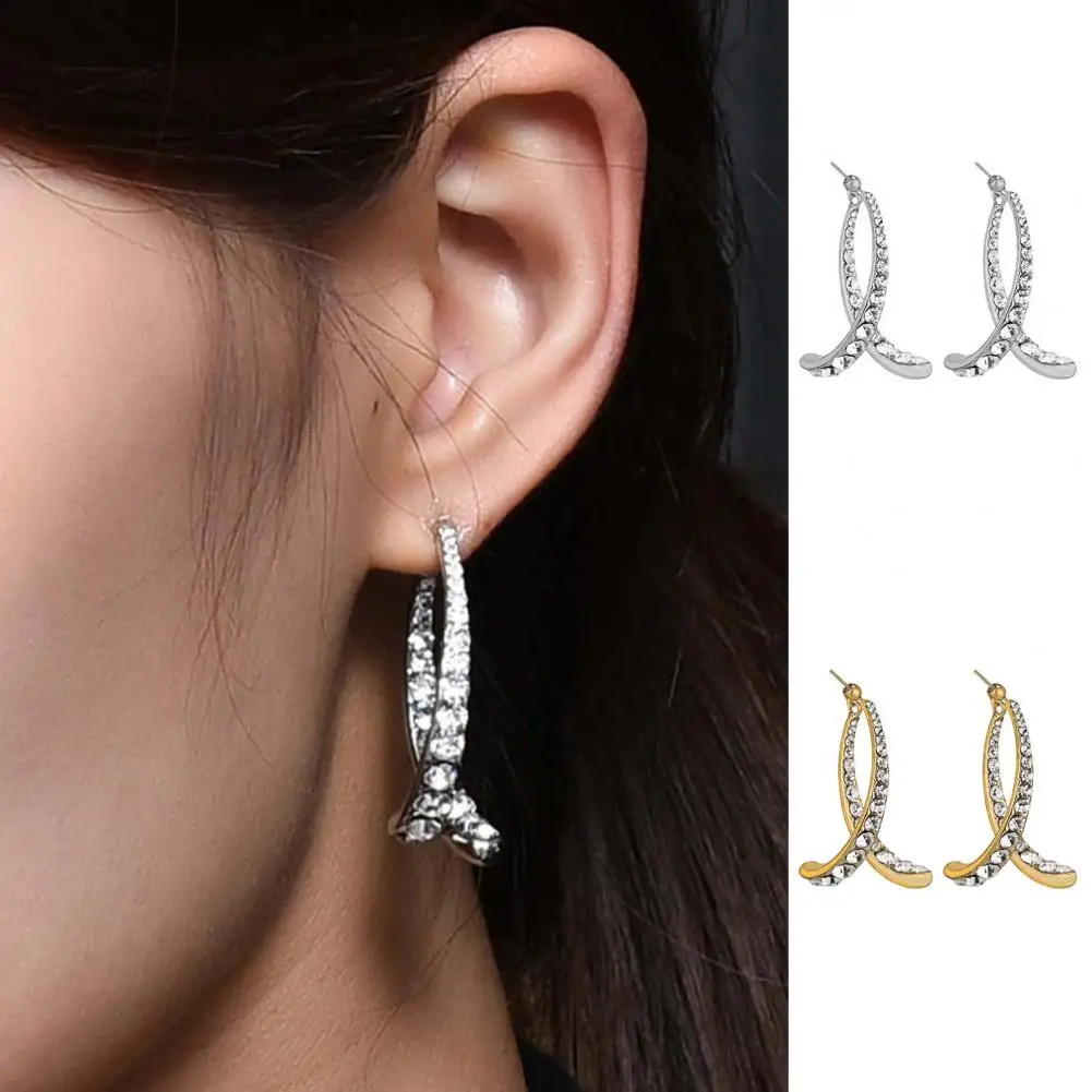 

1 Pair Nice-looking Dangle Earrings Electroplating Alloy Lightweight Exquisite Rhinestone Curved Ear Rings for Work