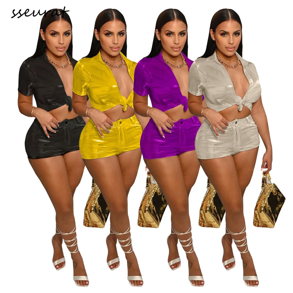 

Женский яркий спортивный костюм SSEURAT, комплект из двух предметов, Однотонная рубашка и шорты, лето 2022