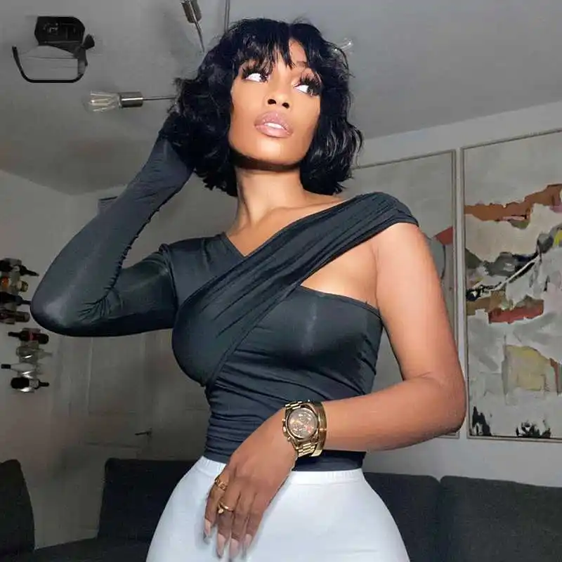 

Women's T-shirts Asymmetrical V Neck One-shoulder Slim Female Streetwear Crop Tops Autumn All-match Vinatge Tees