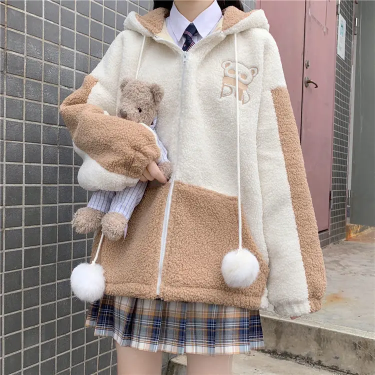 

Kawaii Zip Up Hoodies Soft Girl Fleece Bear Embroidery Sweatshirt Hooded Autumn 2022 Japan Style Casual Cute Clothes