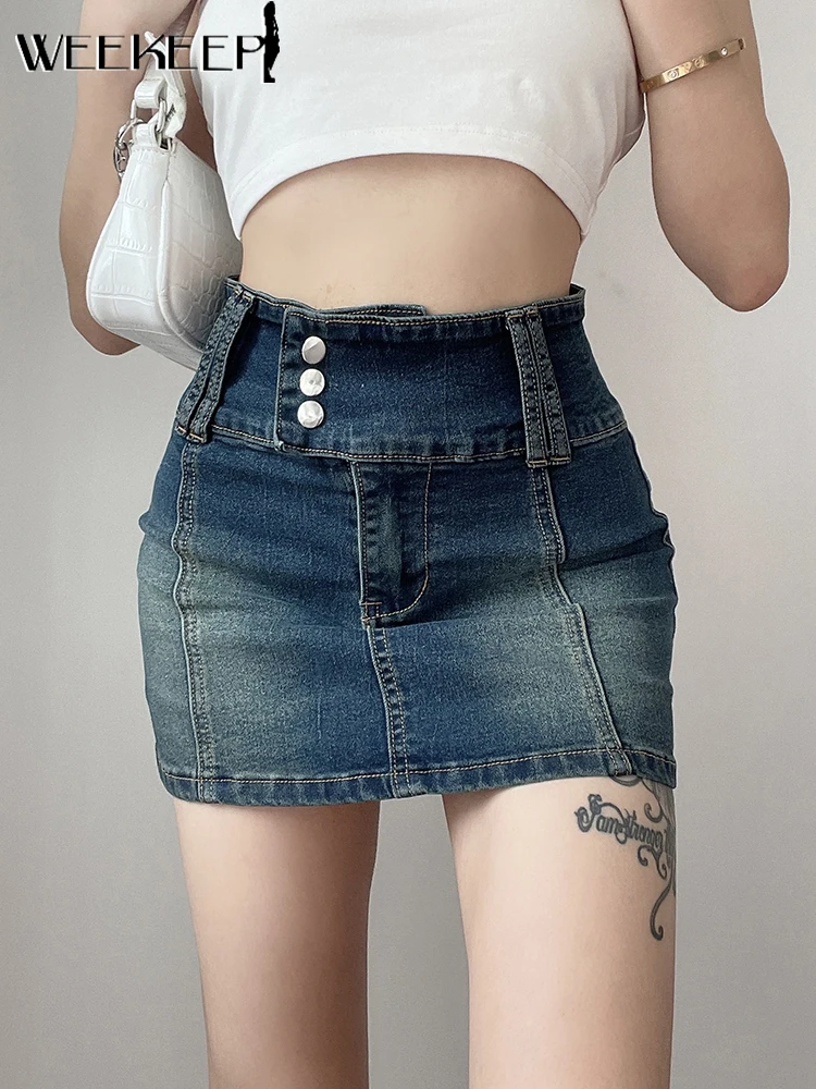 

Weekeep High Waist Denim Skirt Vintage Y2k Straight Mini Pencil Skirt Women Casual Streetwear Korean Fashion Grunge 90s Harajuku