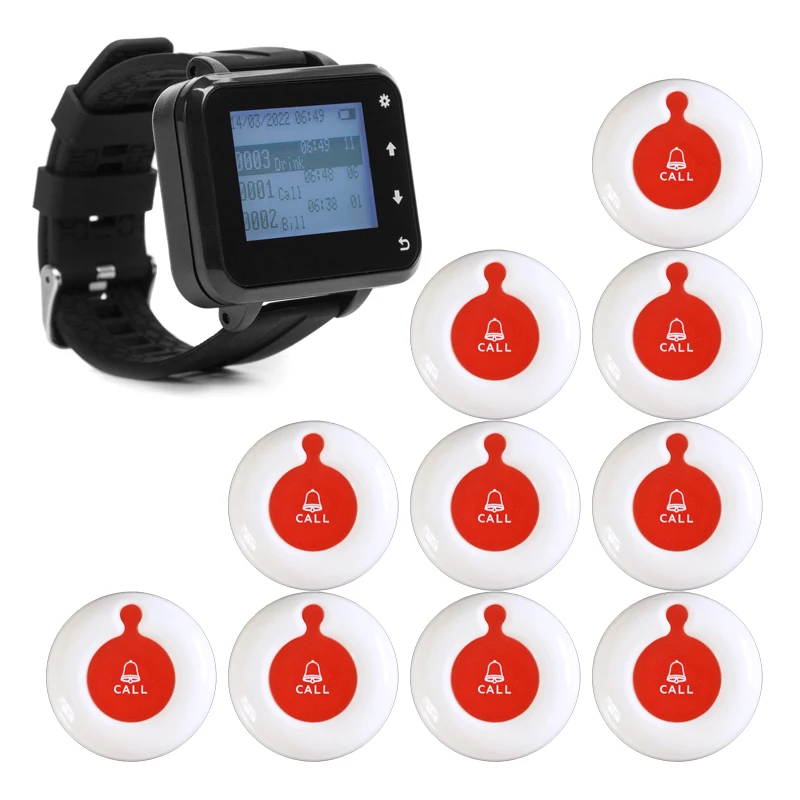 Wireless Restaurant Pager Waiter Calling System 1pcs Watch Receiver + 10pcs Button For Hookah Customer Service