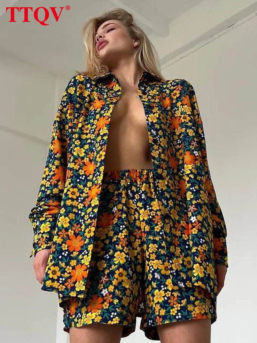 

TTQV Autumn Dark Blue Print Shirts Shorts Sets Bohemia Casual Long Sleeve Single-Breasted Blouse And Female Shorts Two Piece Set
