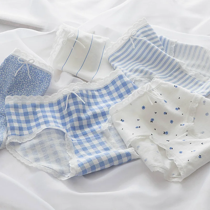 

Starry Blue Lace Bow Flower Panties for Women Girl Student Cotton Crotch Mid Waist Panties Wholesale