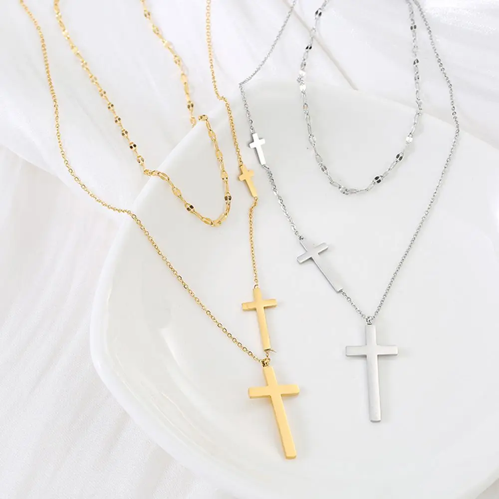 

steel Fashion Design Cross Simple Korean Style Jewelry Double Layer Choker Metal Clavicle Chain Women Pendant Necklace