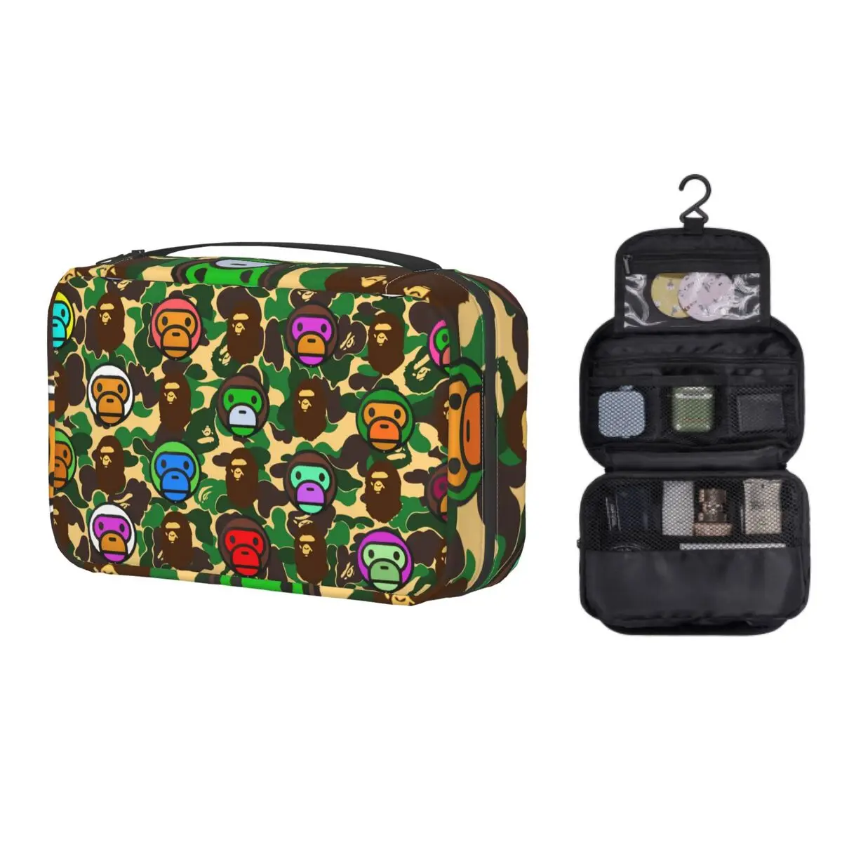 

Kawaii Bathing Apes Monkey Travel Toiletry Bag for Women Hanging Camouflage Camo Makeup Cosmetic Bag Dopp Kit
