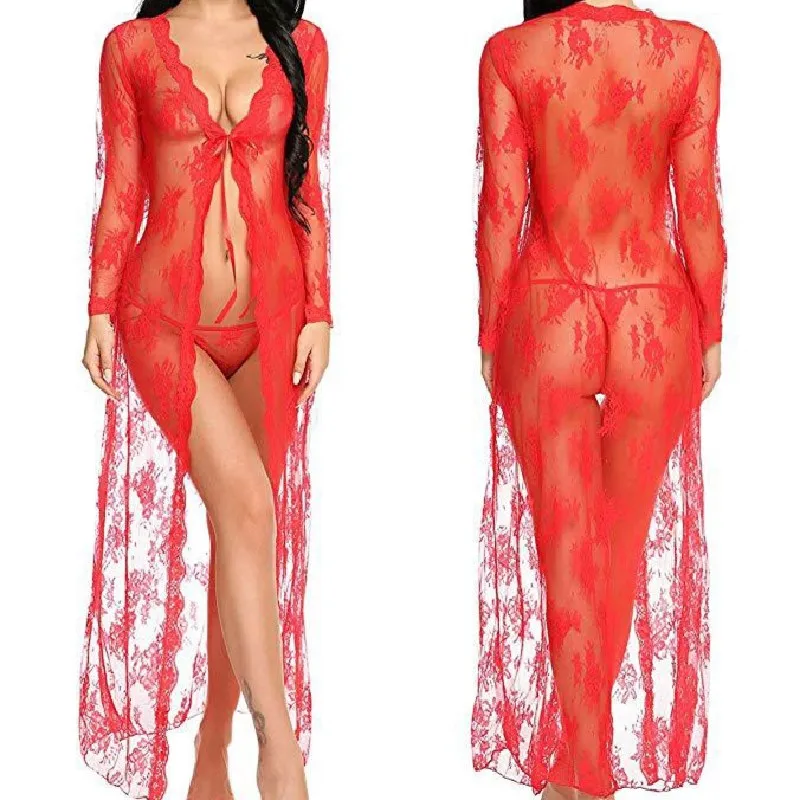 Sexy Lingerie Lace Robe Nightdress Female See-Through Lace Up Underwear Cardigan Long Nightgown Perspective Pajamas XXL