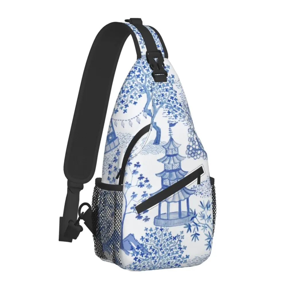 

Pagoda Forest Sling Bag for Men Cool Blue Delft Vintage Chinoiserie Shoulder Crossbody Chest Backpack Cycling Camping Daypack
