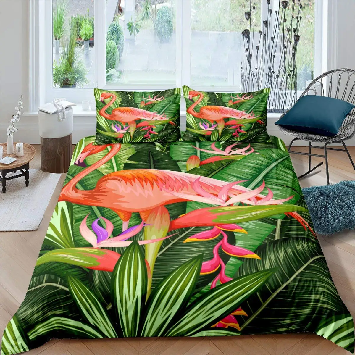 

Flamingo Duvet Cover Set Tropical Leaves Comforter Cover Palm Tree Pattern Bedding Set Colorful Polyester Quilt Cover