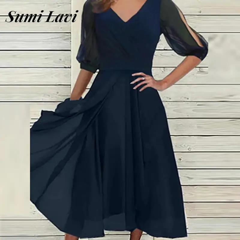 

2022 New Fashion Solid Patchwork Hollow Waisted Dress Spring V Neck Women Mesh Midi Dress Elegant Ladies Pleated Dress Vestidos