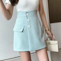 women solid color buttons office lady skirt elegant high waist a line mini short skirt black asymmetric female formal clothing