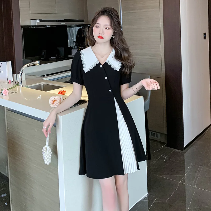 

Black and White Patchwork One Piece Dress 2022 New Summer Lace Tulle Mid Length Satin Elegant Long Dress Fashion Party Dresses