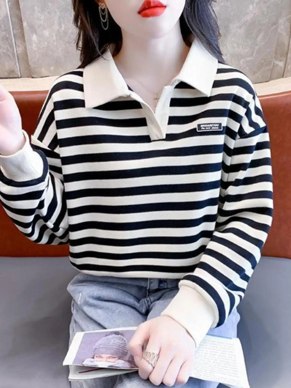 Корейская женская толстовка с воротником-поло в полоску и длинными рукавами