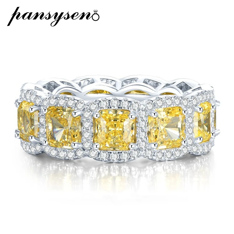

PANSYSEN 100% 925 Sterling Silver 5*5MM Radiant Cut Citrine Sapphire Simulated Moissanite Diamond Engagement Ring Fine Jewelry