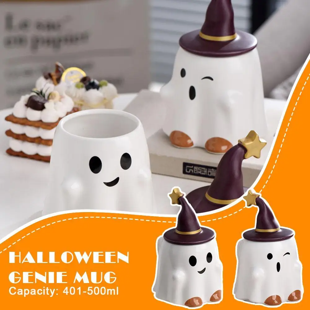 

New Cartoon Cute White Genie Ceramic Coffee Mugs Halloween Milk Beer Mugs With Cover Household Cup Party Drinking Drinkware