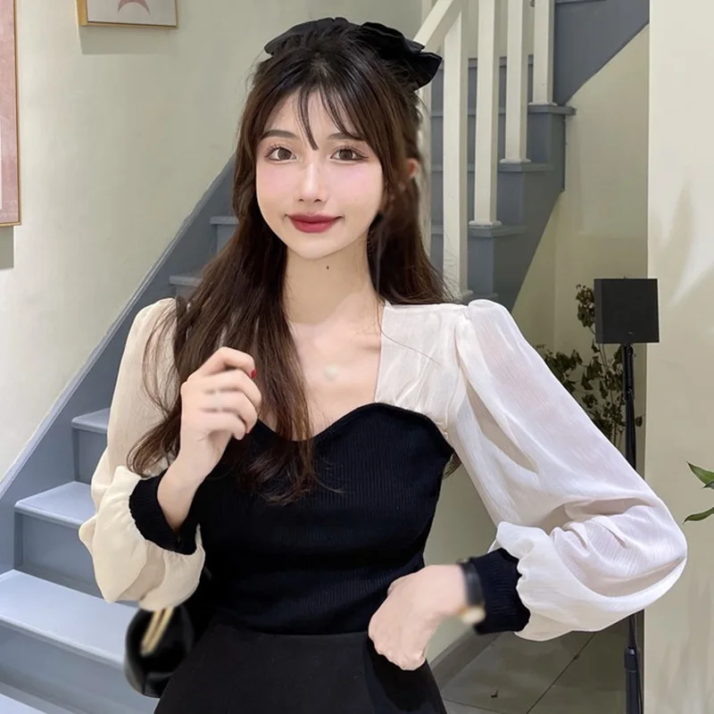 Женская Приталенная Блузка В Стиле Пэчворк С Пышными Рукавами И Квадратным