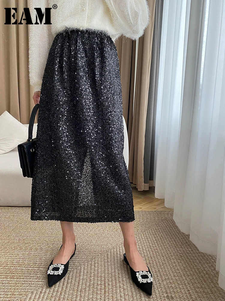 

[EAM] High Elastic Waist Black Sequins Shining Elegant Long Half-body Skirt Women Fashion Tide New Spring Autumn 2023 1DF7493