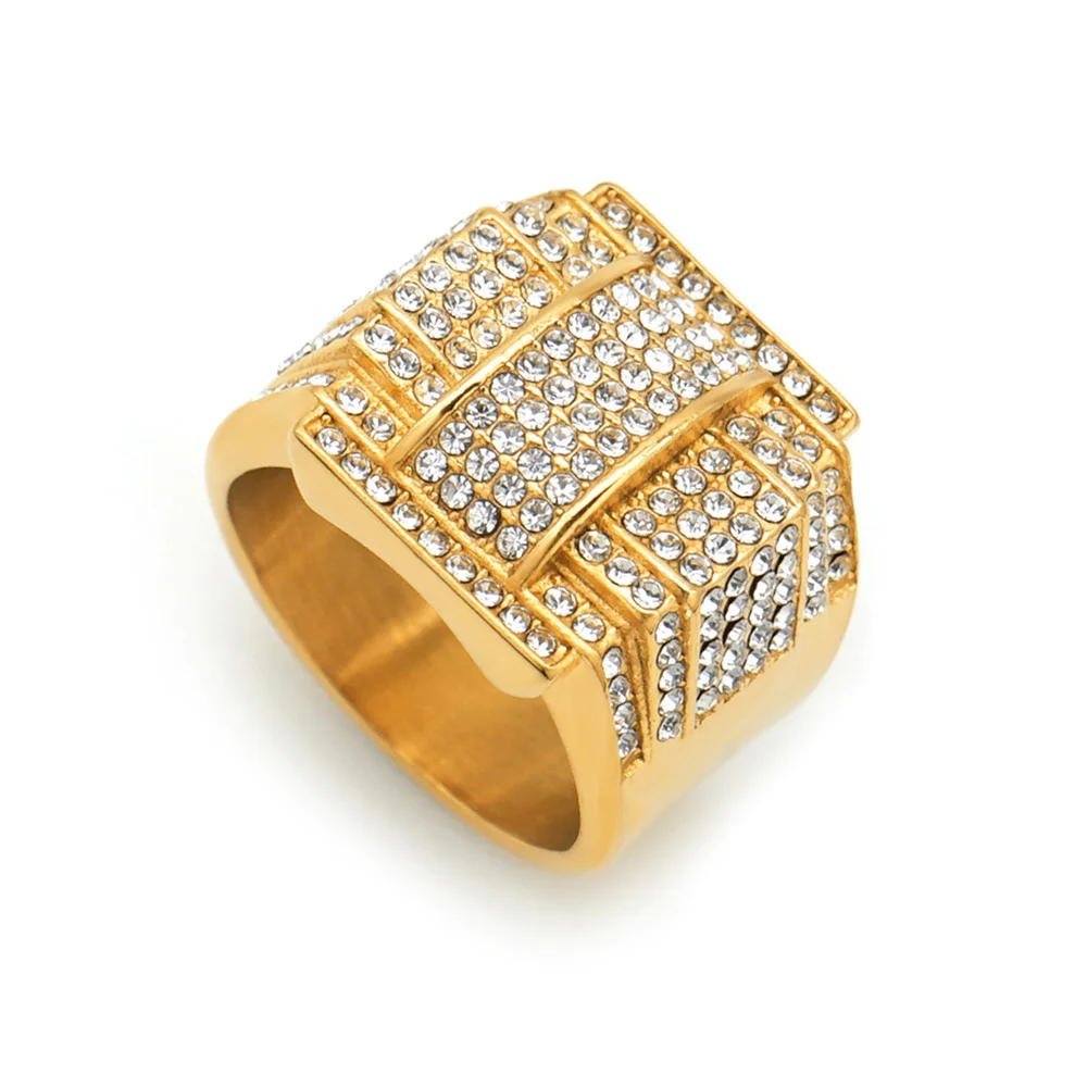 

Iced Out Men's Ring Gold Color Stainless Steel Cubic Zirconia Bling Big Rings For Men Fashion Rapper Hip Hop Jewelry