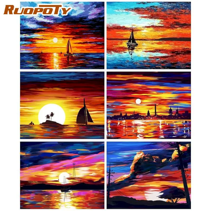 

RUOPOTY Abstract Painting By Numbers Picture Diy Crafts Sunset Sailboat Acrylic Paint Gift For Adults Home Decors Canvas Paint