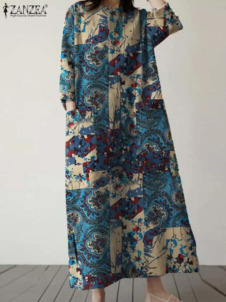 Retro Floral Printed Dresses For Women 2023 ZEANZEA Causal O Neck Sundress Long Sleeve Baggy Vestidos Holiday Work Kaftan Robe