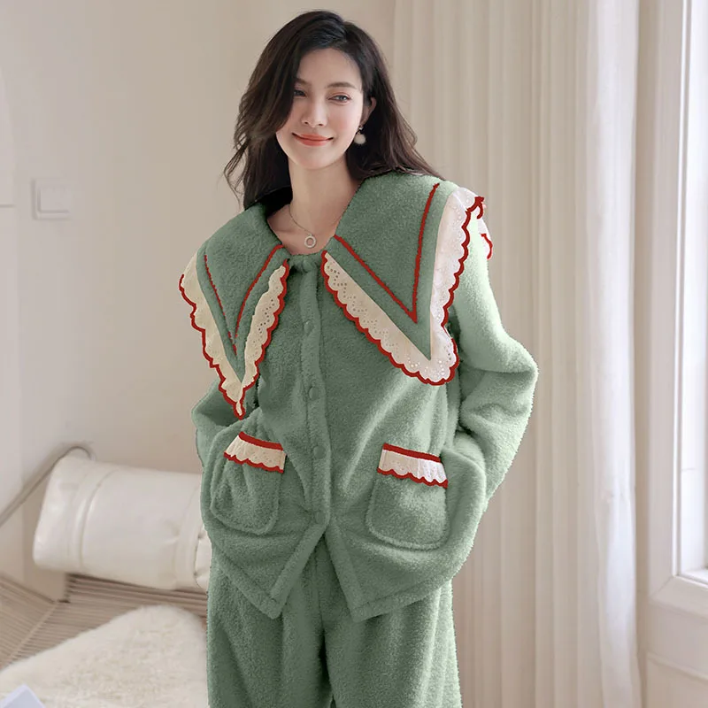 Lace Trim Nightwear Winter Flannel Women Pajamas Set Sleepwear Sweet Shirt&Trouser Suits Thickened Warm Coral Fleece Homewear