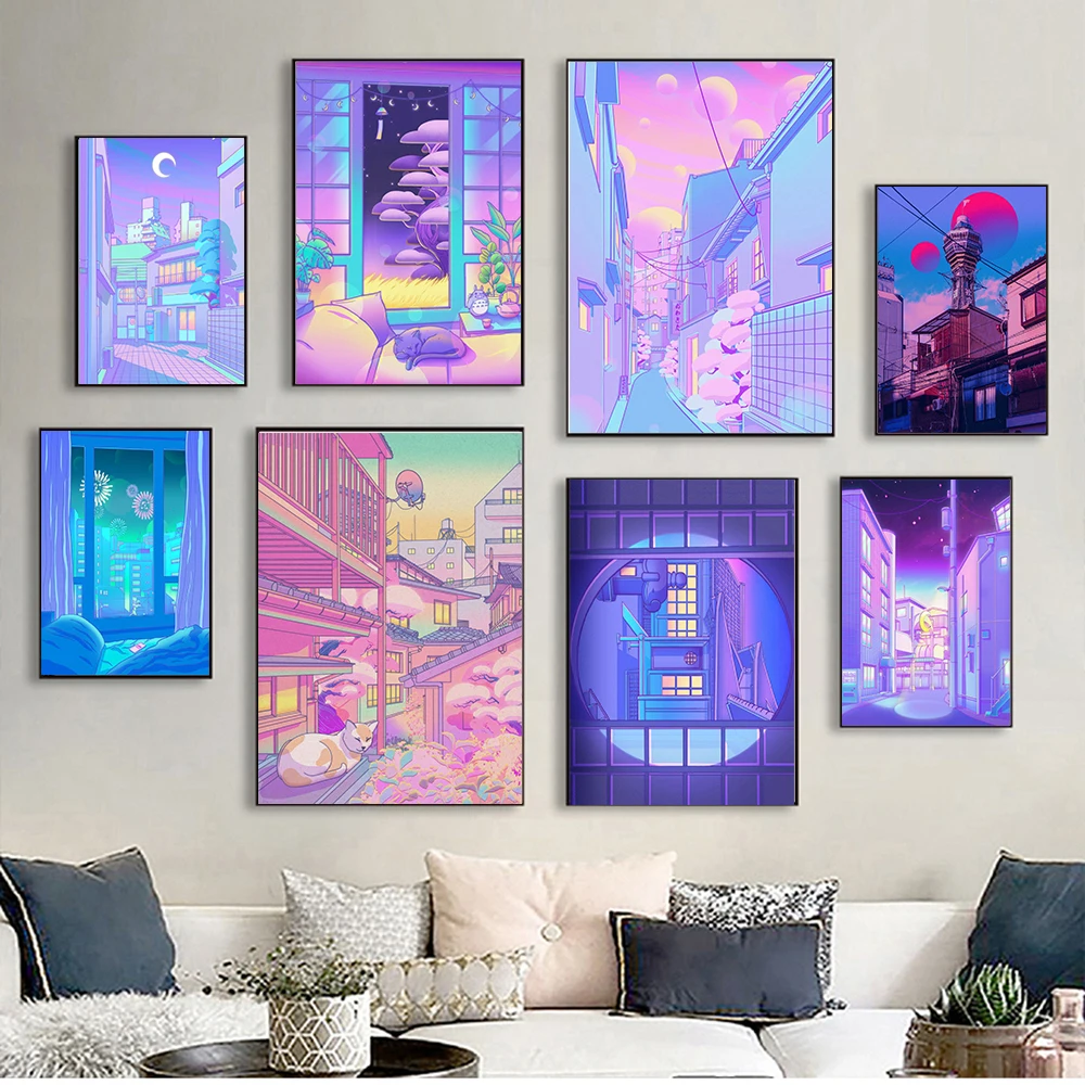 

Night City Pop Kyoto Poster Osaka Tower City Street Midnight Matsuri Pink Painting Wall Art Home Kawaii Room Decor Canvas Poster