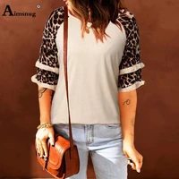 plus size 3xl women fashion butterfly sleeve t shirt womens top pullovers 2022 summer new patchwork leopard shirts clothing