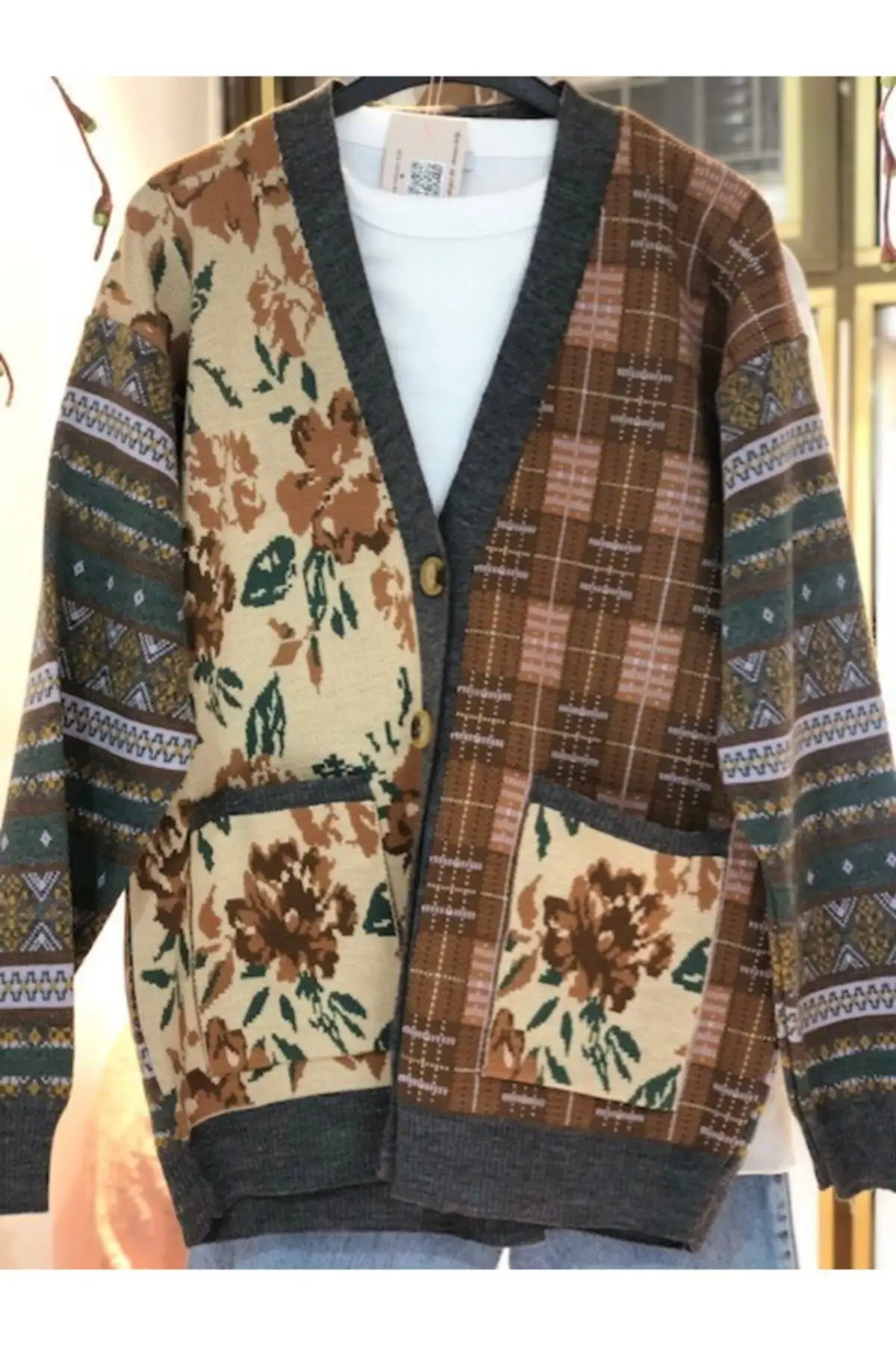 

Women's Cardigan Beige Floral Patterned Oversize Casual Knitted Quality Fashion Cardigan Sweaters Loose Sweater Sweater Jumper