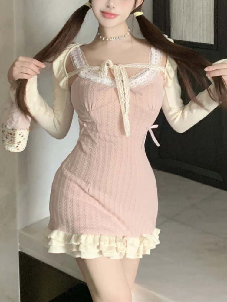 

Осень 2023, милый женский костюм в японском стиле, женский модный костюм из двух предметов, розовое мини-платье без рукавов + короткий кардиган Y2k