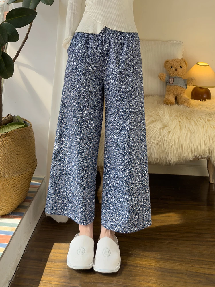 Осенние тонкие пижамные штаны из чистого хлопка с принтом в стиле ретро женские