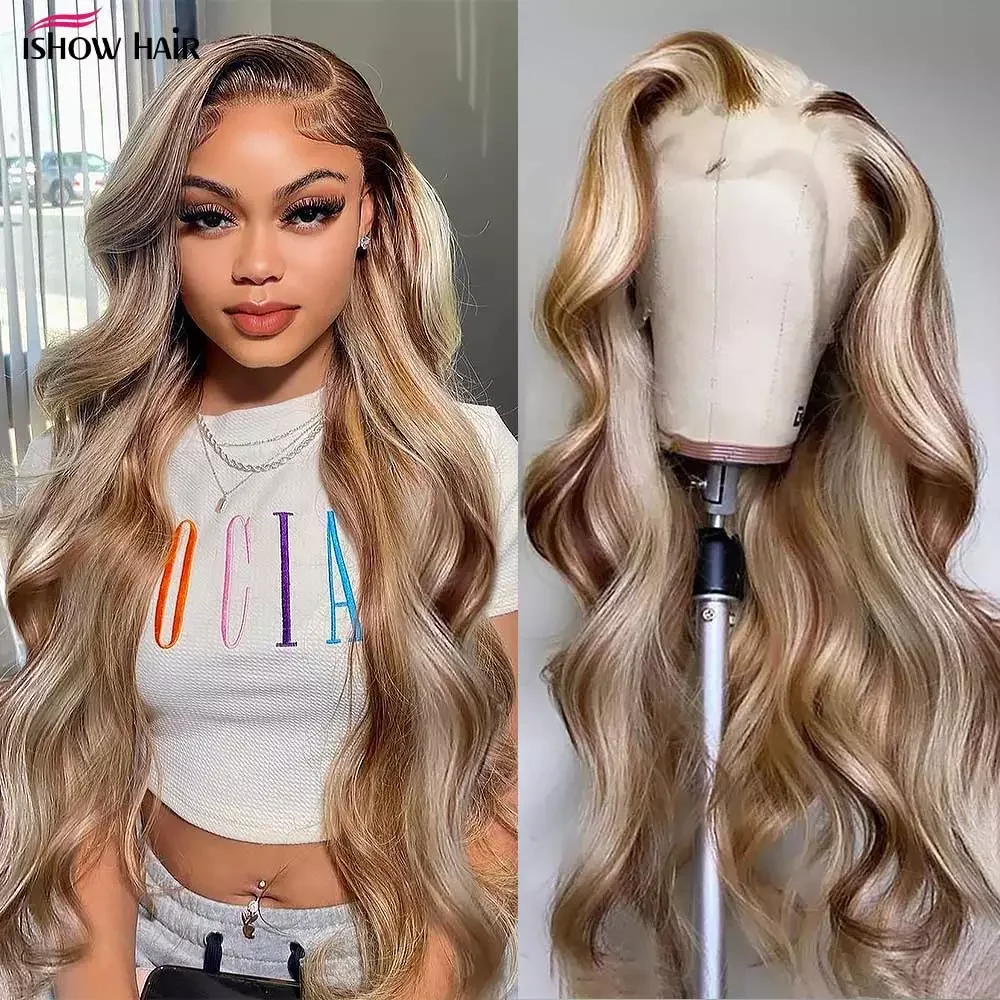 4/613 Highlight Wig Human Hair Wigs 30 34 Inch Colored Human Hair Wigs Body Wave  Balayage Blonde Lace Front Wig with highlights