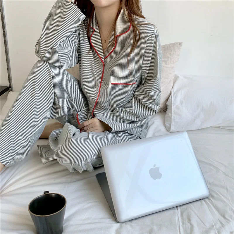New Korean Fashion Simple Pajamas Cotton Linen Stripes Edging Sleepwear Casual Comfortable Two-piece Loungewear Women Pajama Set