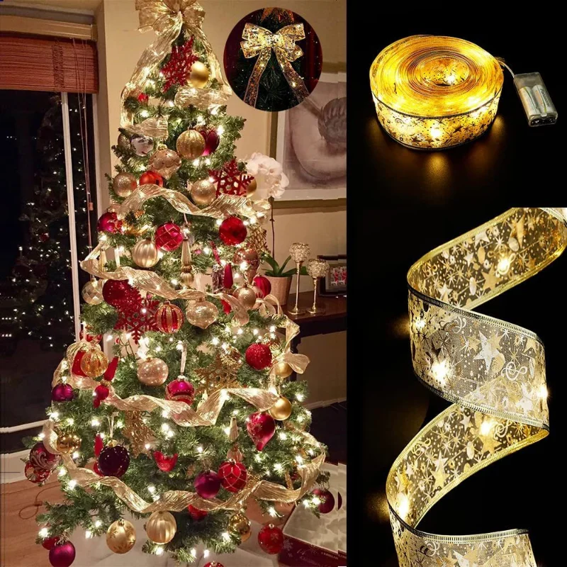

Christmas Ribbon Fairy Light Christmas Decoration DIY Bows String Light Tree Ornaments For Home 2023 Xmas Decor New Year Navidad