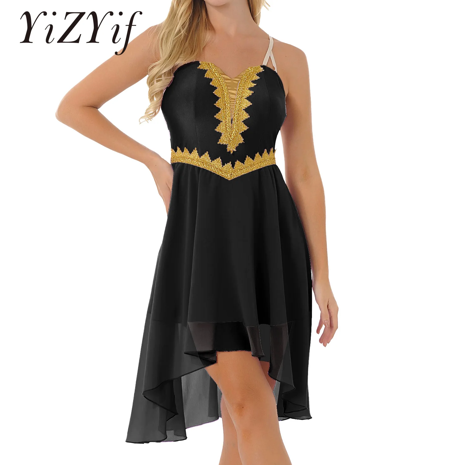 

Women Adults Sleeveless Lyrical Dance Costume Ballet Leotard Tutu Dress Glitter Asymmetrical Hem Stage Competition Dancewear