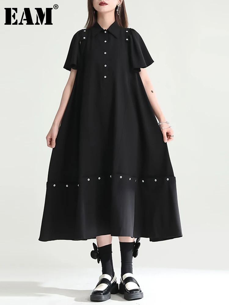

Женское платье-рубашка [EAM], черное платье с длинными оборками и пуговицами, новинка 2022, 1DE8554