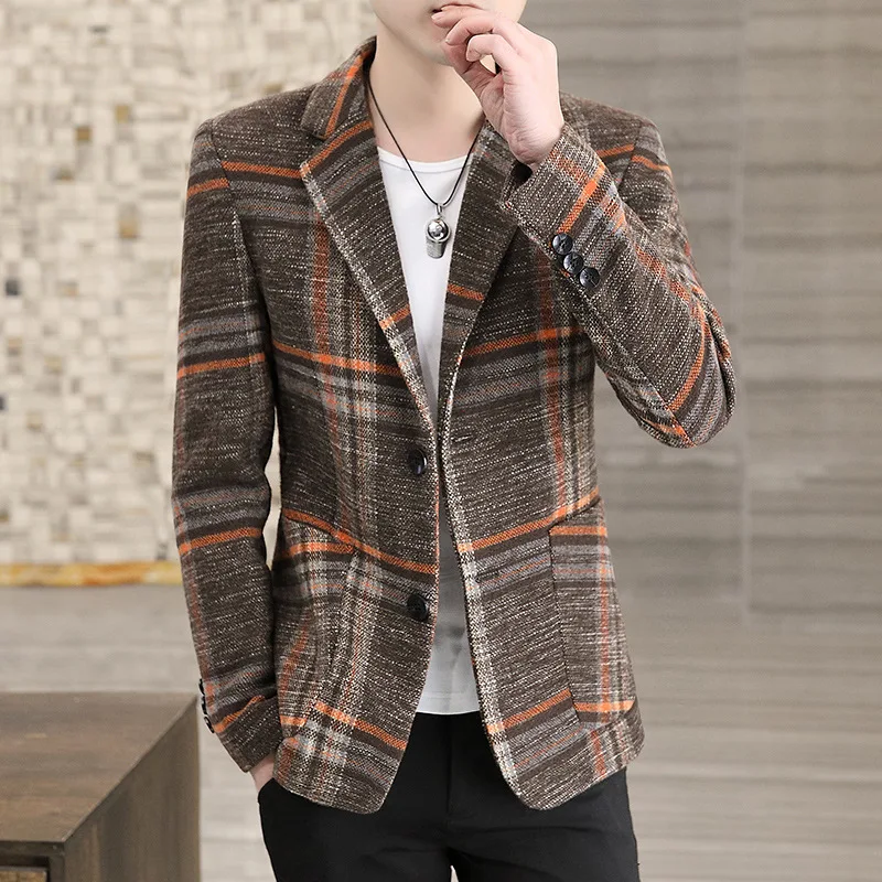 

HOO 2022 Men's Spring Striped blazer Youth Casual Plaid Slim blazer
