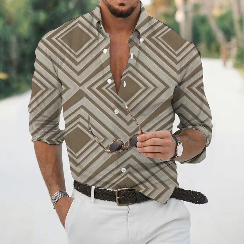 Men's Casual Shirts Streetwear Slim Fit Long Sleeve Shirts Top Men's Spring Autumn Geometric Digital Print Shirts