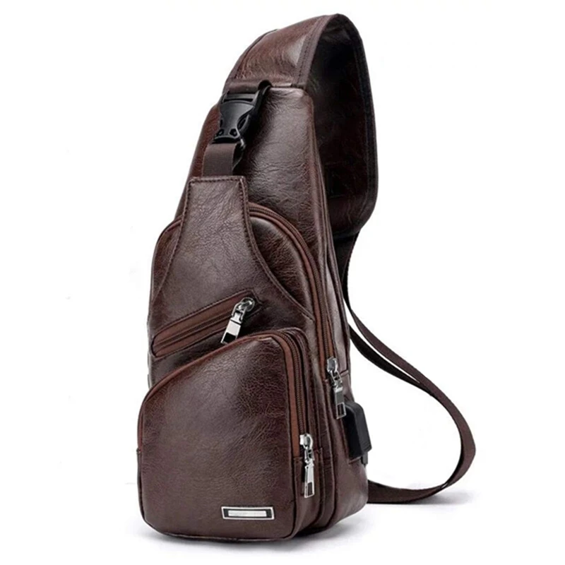 

ASDS-Men's Chest Bag With Charge Port USB Bag Retro Crossbody Pu Leather Vintage Business Bag Pouch For Sport Dark Brown