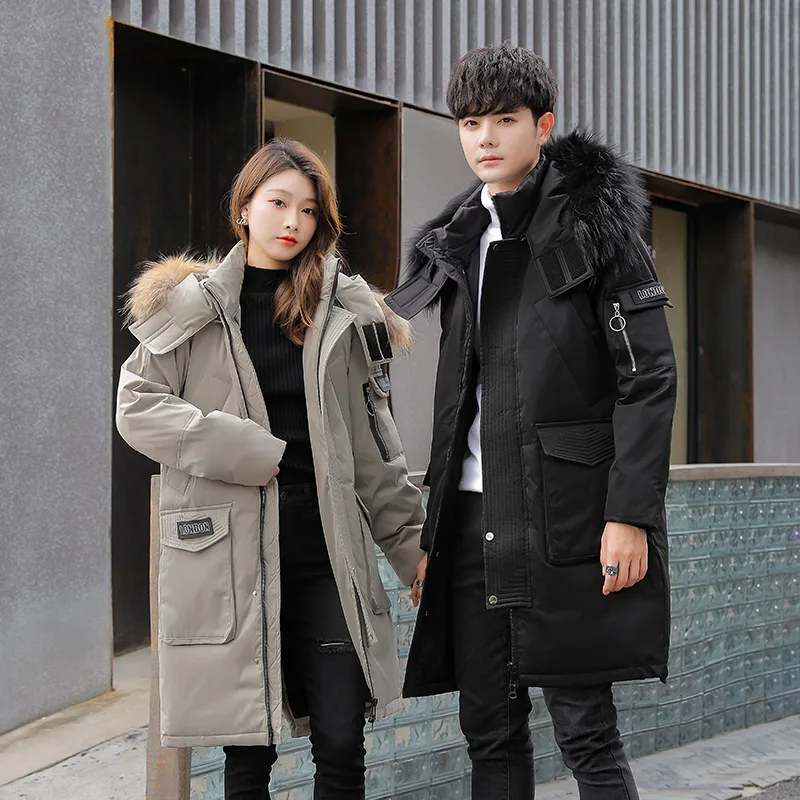 White duck down winter new trend thickened men's and women's down jacket fur collar long couple tooling camo cotton coat gulf