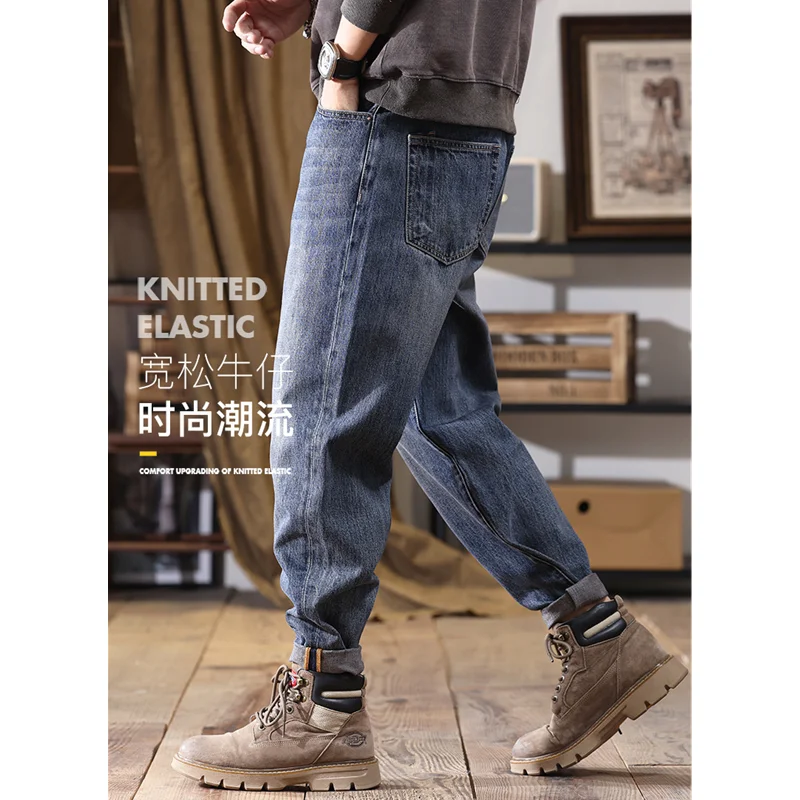 Streetwear Men 2022 Fashion New Style Pattern Vintage Recreational Blue Jeans Loose Straight Cylinder Haren Pants Autumn Female