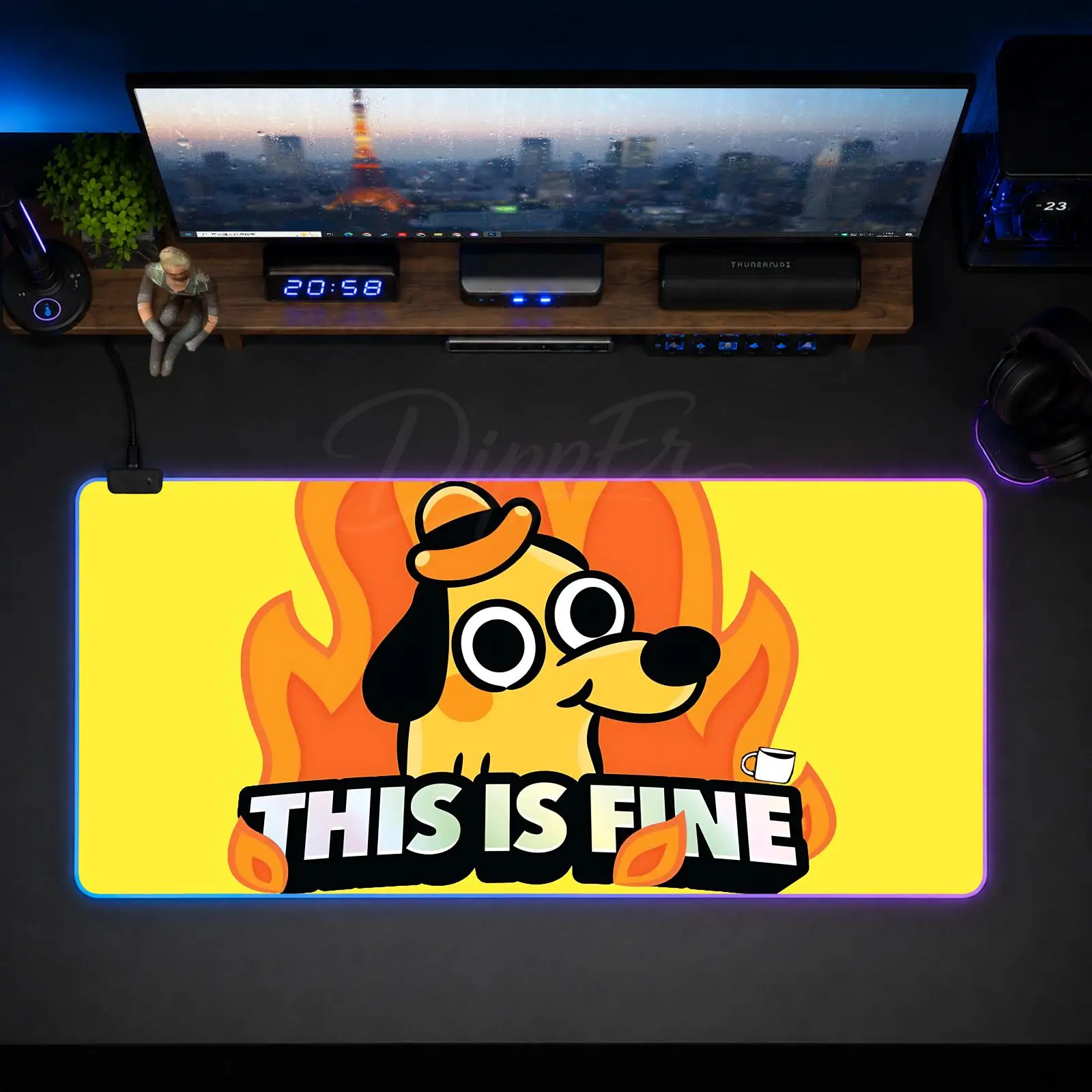 Фото Коврик для мыши Dog This Is Fine, игровой аниме-коврик для мыши XXL, RGB-коврик для стола, светодиодные настольные коврики с подсветкой, резиновые настольные коврики с подсветкой №3