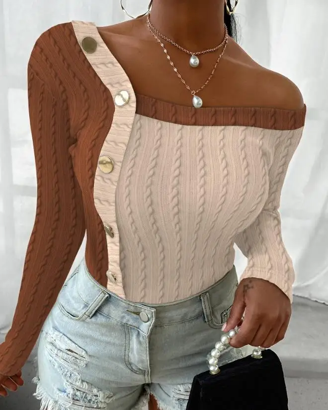 

Female Clothing T-Shirts Pullover Tops Colorblock Buttoned Cable Textured Top 2023 Autumn Winter Spring Fashion Casual