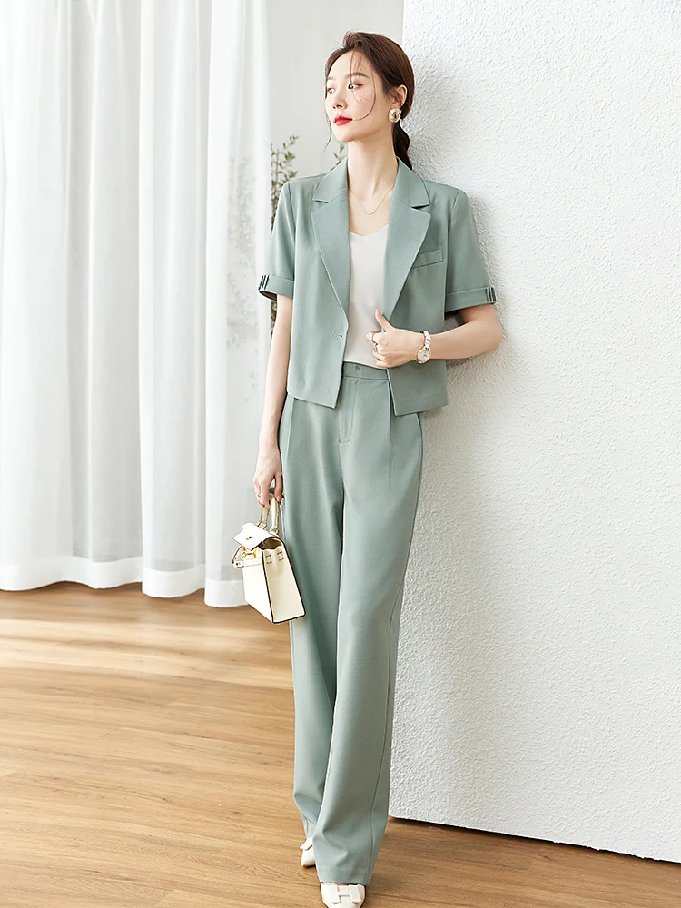 Vimly Light Green Short Blazers Suit Pant Sets for Women 2023 Summer Outfits Office Wear Straight Full Length Pant Two Piece Set