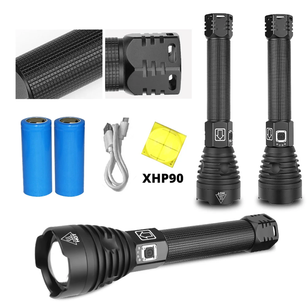 

P90 Zoom Bright Flashlight Set XHP90 Bright Flashlight USB Charging With Strap Outdoor Searchlight Spotlight High-power