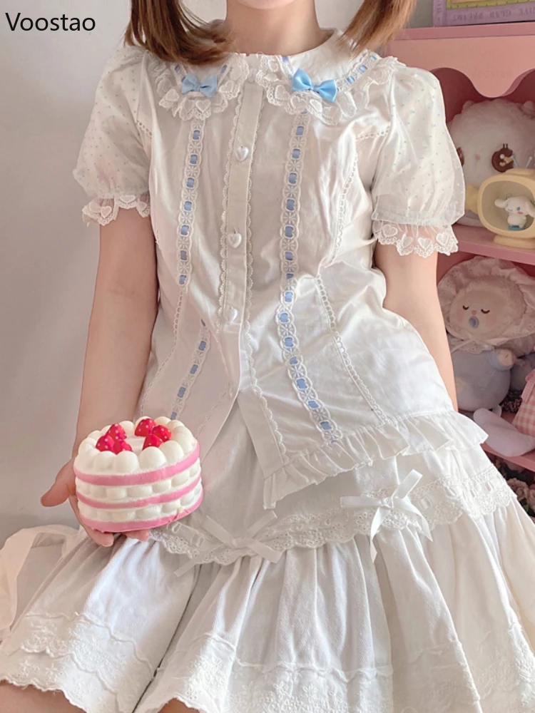

Summer Cute Lolita Blouses Girls Sweet Lace Bow Peter Pan Collar Polka Dot Puff Sleeve Shirts Tops Women Kawaii Blusas Mujer