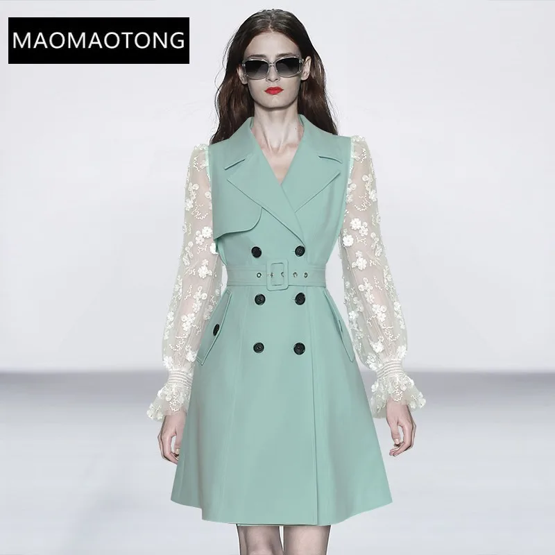 

Fashion Designer dress Spring Women's Dress Mesh Lantern Sleeve Double Breasted Elegant Green Profession Mimi Dress