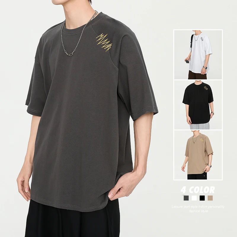 

Summer New Vintage Men's T-Shirt Casual American Irregular Personalized Embroidery T-shirts Cotton 200G Fashion Hip Hop Unisex