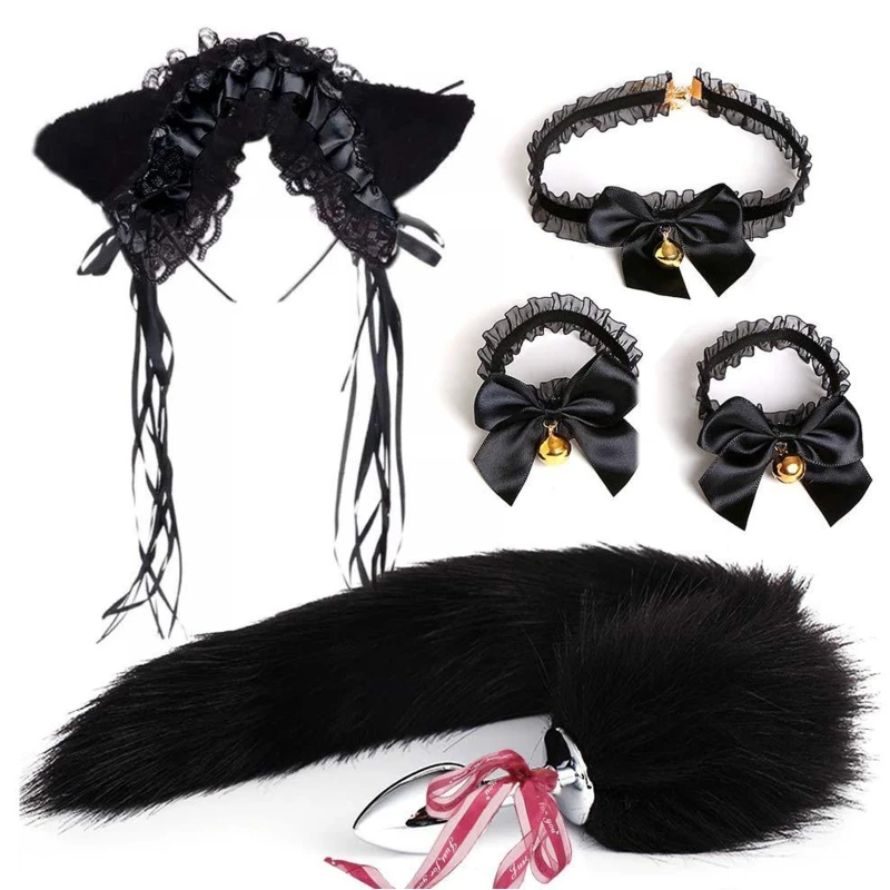 

5pcs Ears Headband Choker Tail Wristband Cosplay Costume Faux Fur Headdress Halloween Birthday Party Plush Set