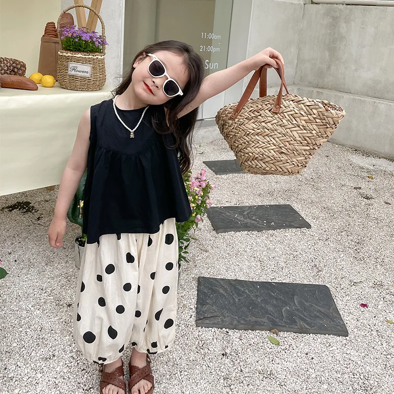 

2023 Summer Girls clothes set sleeveless Vest And loose dot pants 2Pcs Kids Suit